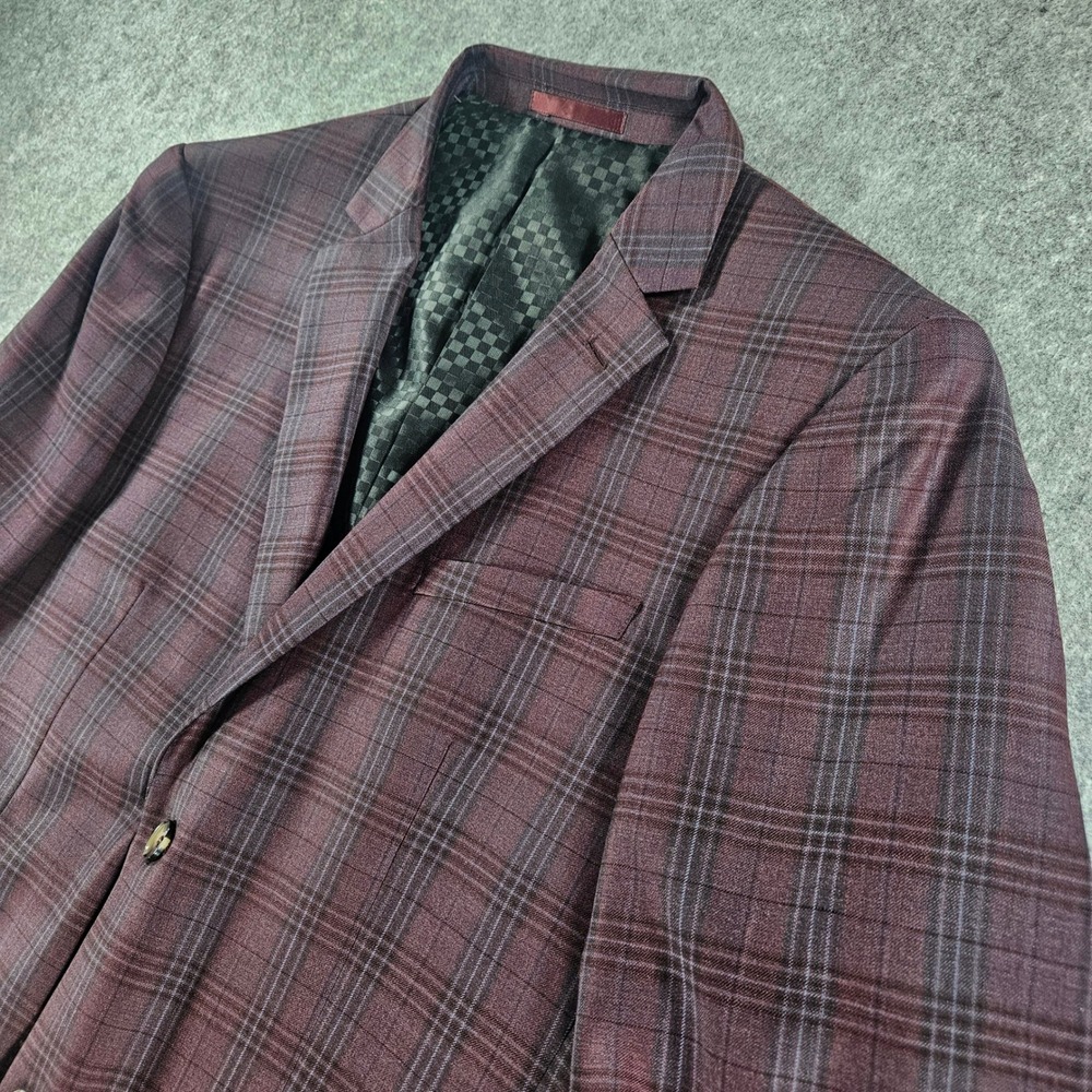 Burgundy Plaid Wool Two Button Blazer Notch Lapel Super 120s Sport Coat Mens 44R